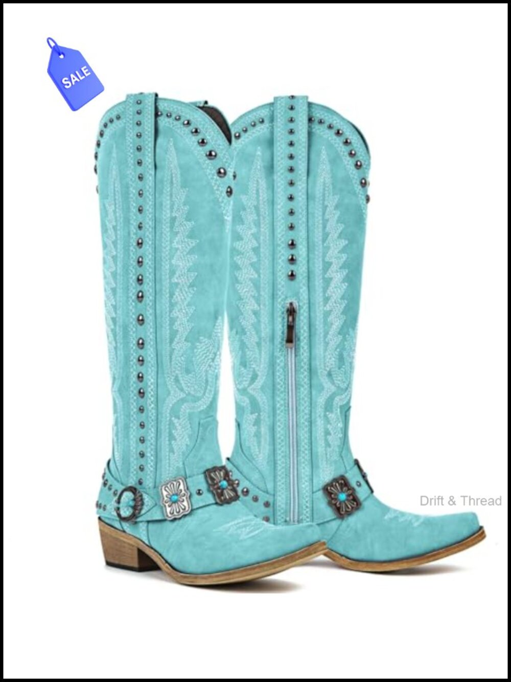 Knee High Western Cowgirl Boots Embroidered Leather Side Zip Block Heel